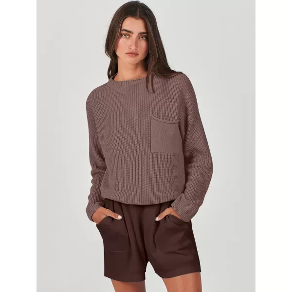 imageANRABESS Women Two Piece Outfits Sweater Sets Knit Pullover Long Sleeves Tops and Shorts Sweatsuit Lounge Set TracksuitCoffee