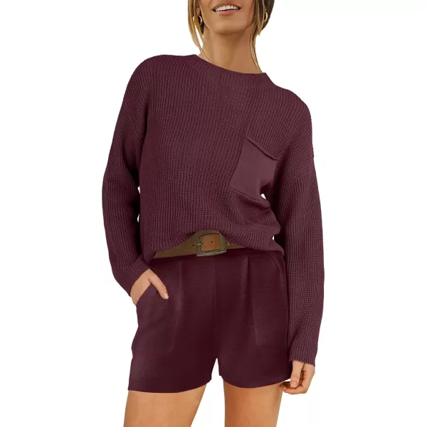 imageANRABESS Women Two Piece Outfits Sweater Sets Knit Pullover Long Sleeves Tops and Shorts Sweatsuit Lounge Set TracksuitDark Red