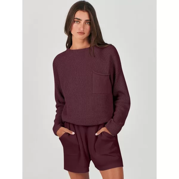 imageANRABESS Women Two Piece Outfits Sweater Sets Knit Pullover Long Sleeves Tops and Shorts Sweatsuit Lounge Set TracksuitDark Red
