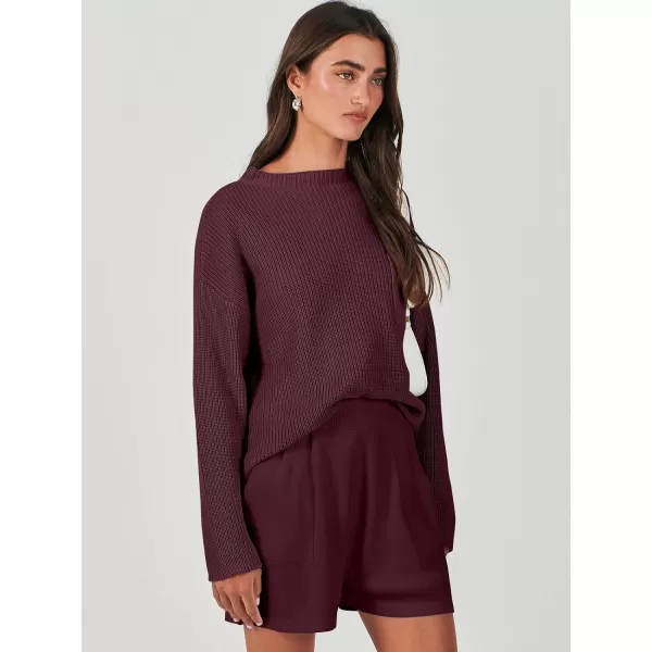 imageANRABESS Women Two Piece Outfits Sweater Sets Knit Pullover Long Sleeves Tops and Shorts Sweatsuit Lounge Set TracksuitDark Red