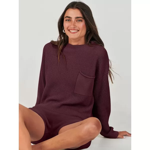 imageANRABESS Women Two Piece Outfits Sweater Sets Knit Pullover Long Sleeves Tops and Shorts Sweatsuit Lounge Set TracksuitDark Red