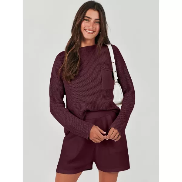 imageANRABESS Women Two Piece Outfits Sweater Sets Knit Pullover Long Sleeves Tops and Shorts Sweatsuit Lounge Set TracksuitDark Red