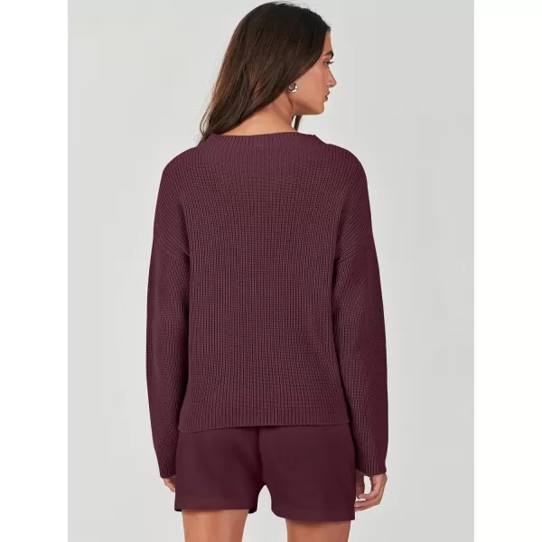 imageANRABESS Women Two Piece Outfits Sweater Sets Knit Pullover Long Sleeves Tops and Shorts Sweatsuit Lounge Set TracksuitDark Red