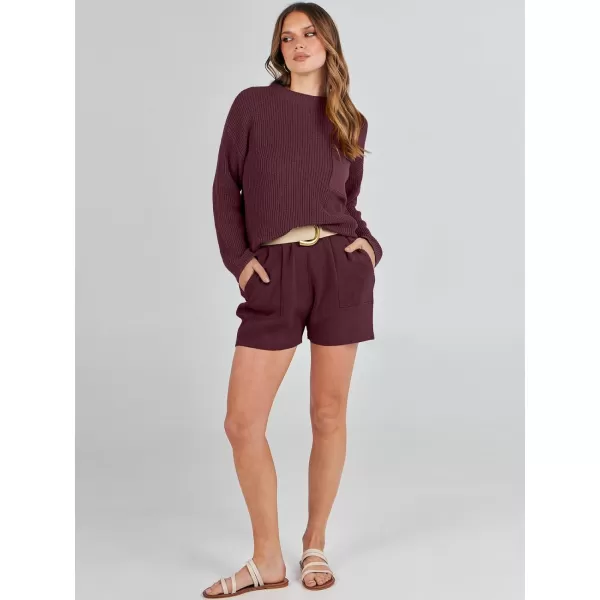 imageANRABESS Women Two Piece Outfits Sweater Sets Knit Pullover Long Sleeves Tops and Shorts Sweatsuit Lounge Set TracksuitDark Red