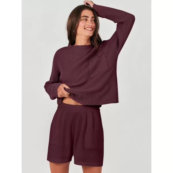 imageANRABESS Women Two Piece Outfits Sweater Sets Knit Pullover Long Sleeves Tops and Shorts Sweatsuit Lounge Set TracksuitDark Red
