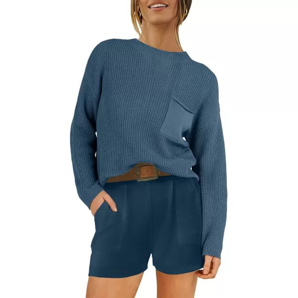 imageANRABESS Women Two Piece Outfits Sweater Sets Knit Pullover Long Sleeves Tops and Shorts Sweatsuit Lounge Set TracksuitDeep Blue