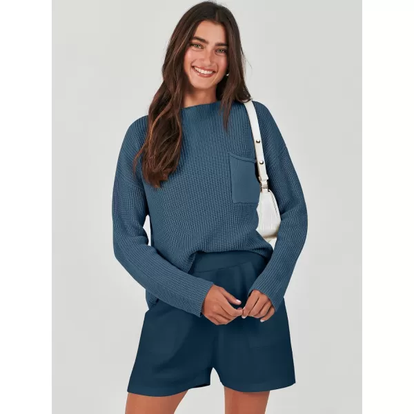 imageANRABESS Women Two Piece Outfits Sweater Sets Knit Pullover Long Sleeves Tops and Shorts Sweatsuit Lounge Set TracksuitDeep Blue