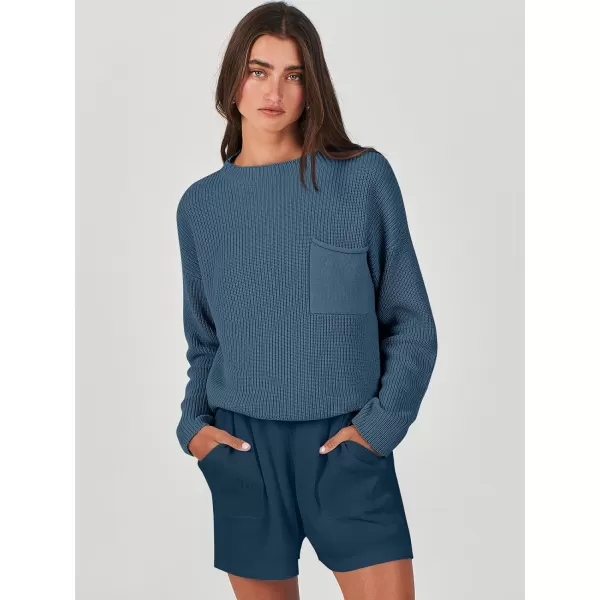 imageANRABESS Women Two Piece Outfits Sweater Sets Knit Pullover Long Sleeves Tops and Shorts Sweatsuit Lounge Set TracksuitDeep Blue