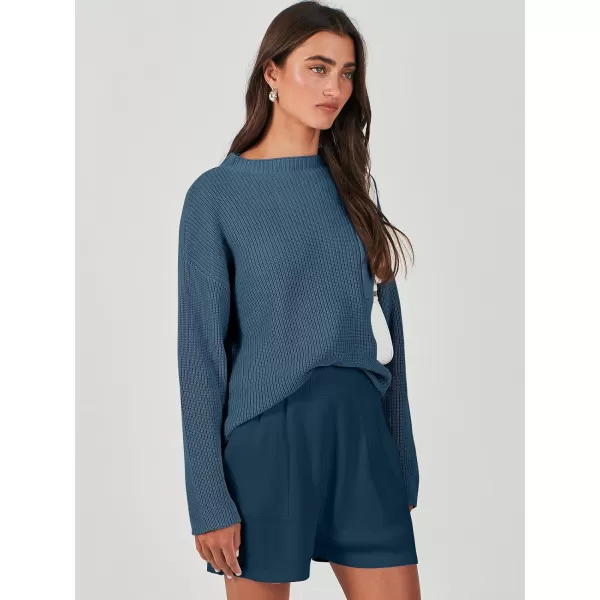 imageANRABESS Women Two Piece Outfits Sweater Sets Knit Pullover Long Sleeves Tops and Shorts Sweatsuit Lounge Set TracksuitDeep Blue
