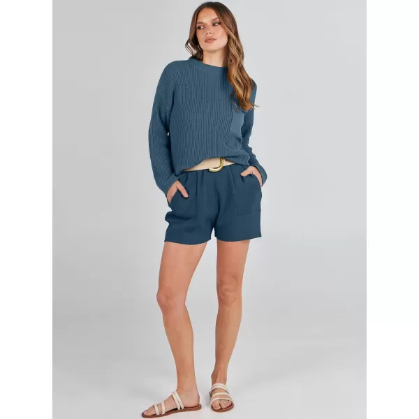 imageANRABESS Women Two Piece Outfits Sweater Sets Knit Pullover Long Sleeves Tops and Shorts Sweatsuit Lounge Set TracksuitDeep Blue