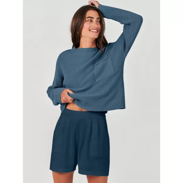 imageANRABESS Women Two Piece Outfits Sweater Sets Knit Pullover Long Sleeves Tops and Shorts Sweatsuit Lounge Set TracksuitDeep Blue
