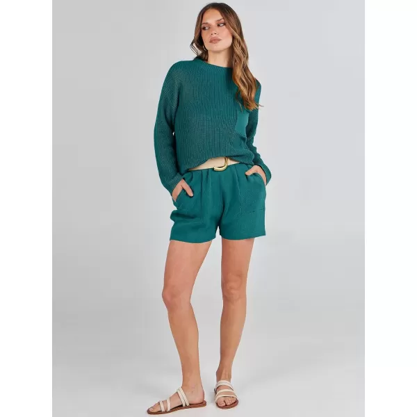 imageANRABESS Women Two Piece Outfits Sweater Sets Knit Pullover Long Sleeves Tops and Shorts Sweatsuit Lounge Set TracksuitDeep Green