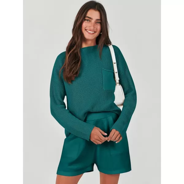 imageANRABESS Women Two Piece Outfits Sweater Sets Knit Pullover Long Sleeves Tops and Shorts Sweatsuit Lounge Set TracksuitDeep Green
