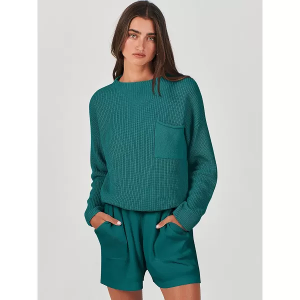imageANRABESS Women Two Piece Outfits Sweater Sets Knit Pullover Long Sleeves Tops and Shorts Sweatsuit Lounge Set TracksuitDeep Green