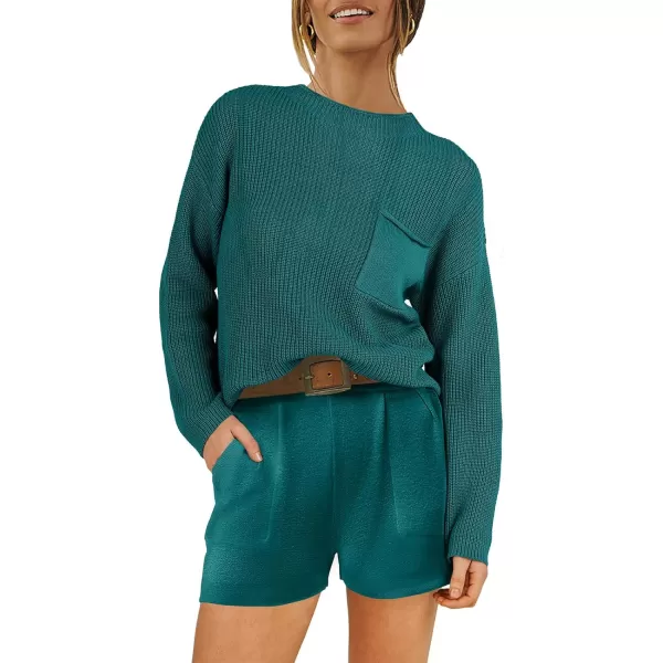 imageANRABESS Women Two Piece Outfits Sweater Sets Knit Pullover Long Sleeves Tops and Shorts Sweatsuit Lounge Set TracksuitDeep Green