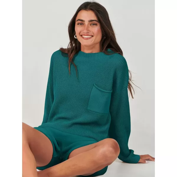 imageANRABESS Women Two Piece Outfits Sweater Sets Knit Pullover Long Sleeves Tops and Shorts Sweatsuit Lounge Set TracksuitDeep Green