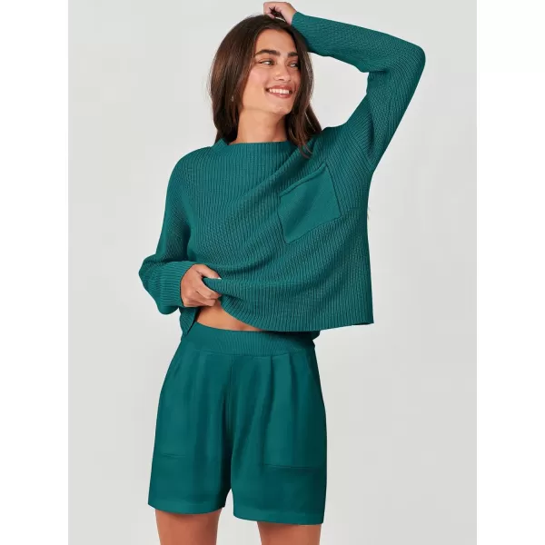 imageANRABESS Women Two Piece Outfits Sweater Sets Knit Pullover Long Sleeves Tops and Shorts Sweatsuit Lounge Set TracksuitDeep Green