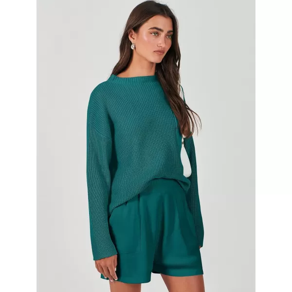 imageANRABESS Women Two Piece Outfits Sweater Sets Knit Pullover Long Sleeves Tops and Shorts Sweatsuit Lounge Set TracksuitDeep Green