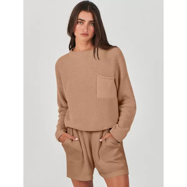 imageANRABESS Women Two Piece Outfits Sweater Sets Knit Pullover Long Sleeves Tops and Shorts Sweatsuit Lounge Set TracksuitDeep Khaki