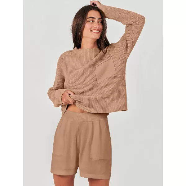 imageANRABESS Women Two Piece Outfits Sweater Sets Knit Pullover Long Sleeves Tops and Shorts Sweatsuit Lounge Set TracksuitDeep Khaki