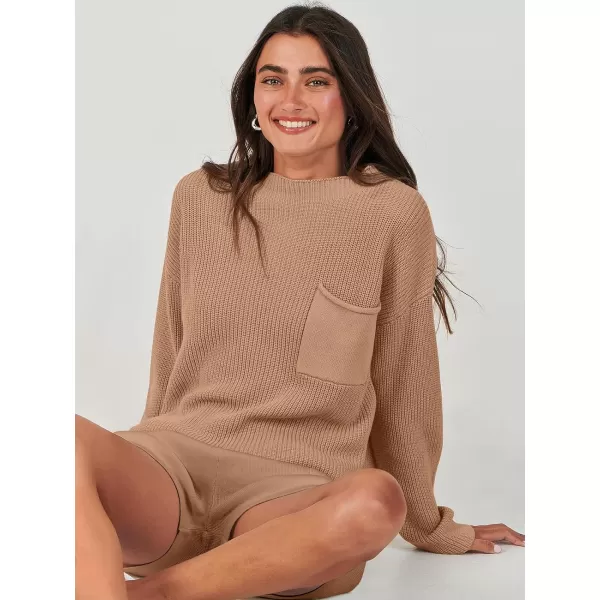 imageANRABESS Women Two Piece Outfits Sweater Sets Knit Pullover Long Sleeves Tops and Shorts Sweatsuit Lounge Set TracksuitDeep Khaki