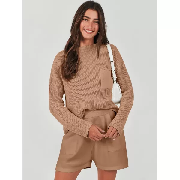 imageANRABESS Women Two Piece Outfits Sweater Sets Knit Pullover Long Sleeves Tops and Shorts Sweatsuit Lounge Set TracksuitDeep Khaki