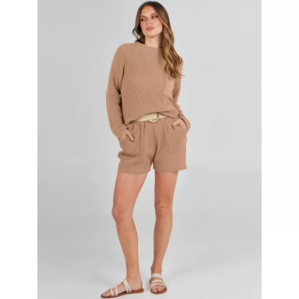 imageANRABESS Women Two Piece Outfits Sweater Sets Knit Pullover Long Sleeves Tops and Shorts Sweatsuit Lounge Set TracksuitDeep Khaki
