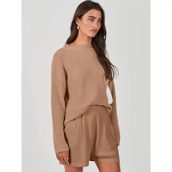 imageANRABESS Women Two Piece Outfits Sweater Sets Knit Pullover Long Sleeves Tops and Shorts Sweatsuit Lounge Set TracksuitDeep Khaki