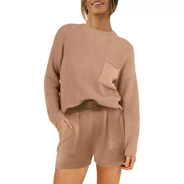 imageANRABESS Women Two Piece Outfits Sweater Sets Knit Pullover Long Sleeves Tops and Shorts Sweatsuit Lounge Set TracksuitDeep Khaki