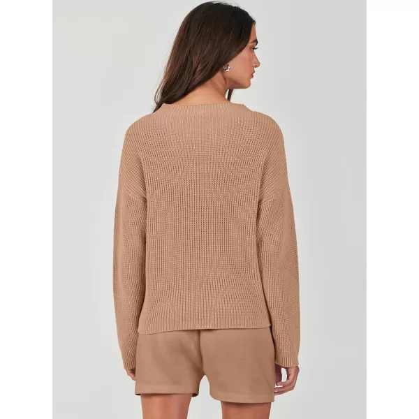 imageANRABESS Women Two Piece Outfits Sweater Sets Knit Pullover Long Sleeves Tops and Shorts Sweatsuit Lounge Set TracksuitDeep Khaki