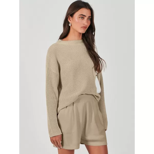 imageANRABESS Women Two Piece Outfits Sweater Sets Knit Pullover Long Sleeves Tops and Shorts Sweatsuit Lounge Set TracksuitKhaki