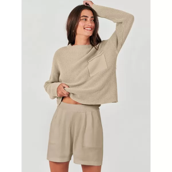 imageANRABESS Women Two Piece Outfits Sweater Sets Knit Pullover Long Sleeves Tops and Shorts Sweatsuit Lounge Set TracksuitKhaki