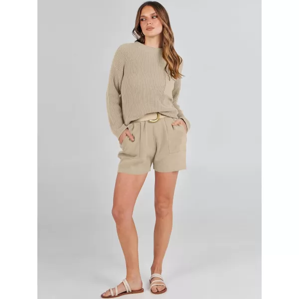 imageANRABESS Women Two Piece Outfits Sweater Sets Knit Pullover Long Sleeves Tops and Shorts Sweatsuit Lounge Set TracksuitKhaki