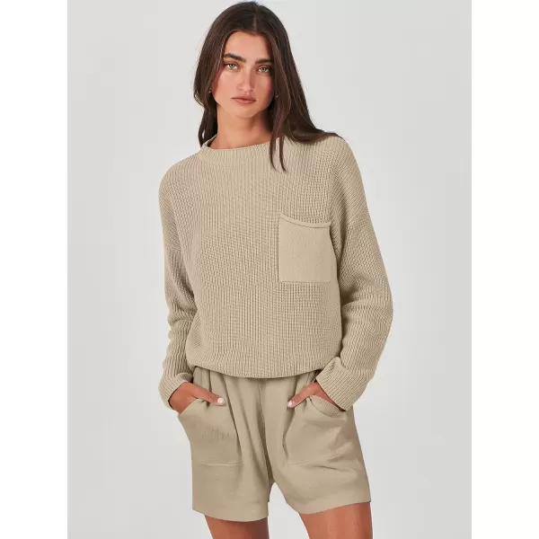 imageANRABESS Women Two Piece Outfits Sweater Sets Knit Pullover Long Sleeves Tops and Shorts Sweatsuit Lounge Set TracksuitKhaki