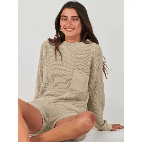 imageANRABESS Women Two Piece Outfits Sweater Sets Knit Pullover Long Sleeves Tops and Shorts Sweatsuit Lounge Set TracksuitKhaki