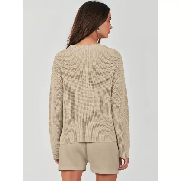 imageANRABESS Women Two Piece Outfits Sweater Sets Knit Pullover Long Sleeves Tops and Shorts Sweatsuit Lounge Set TracksuitKhaki