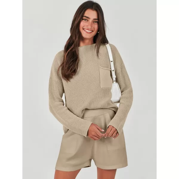 imageANRABESS Women Two Piece Outfits Sweater Sets Knit Pullover Long Sleeves Tops and Shorts Sweatsuit Lounge Set TracksuitKhaki