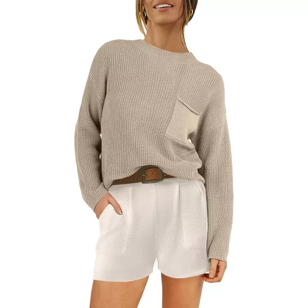 imageANRABESS Women Two Piece Outfits Sweater Sets Knit Pullover Long Sleeves Tops and Shorts Sweatsuit Lounge Set TracksuitKhaki White