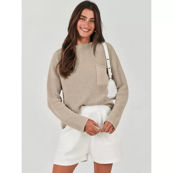 imageANRABESS Women Two Piece Outfits Sweater Sets Knit Pullover Long Sleeves Tops and Shorts Sweatsuit Lounge Set TracksuitKhaki White