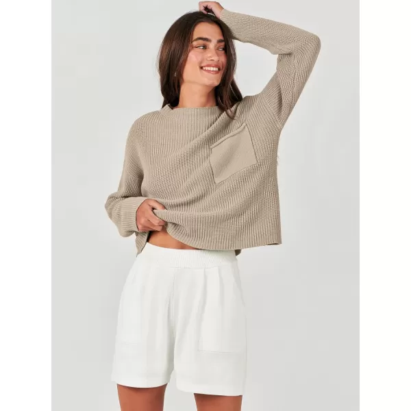 imageANRABESS Women Two Piece Outfits Sweater Sets Knit Pullover Long Sleeves Tops and Shorts Sweatsuit Lounge Set TracksuitKhaki White