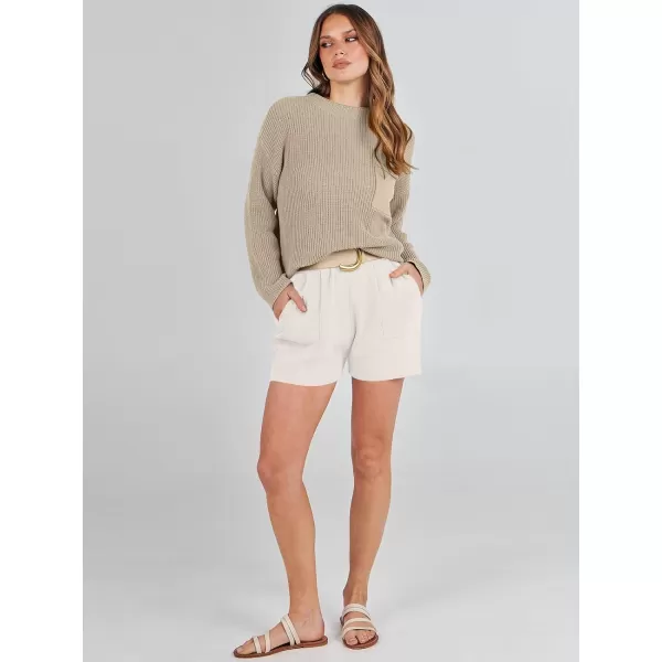 imageANRABESS Women Two Piece Outfits Sweater Sets Knit Pullover Long Sleeves Tops and Shorts Sweatsuit Lounge Set TracksuitKhaki White