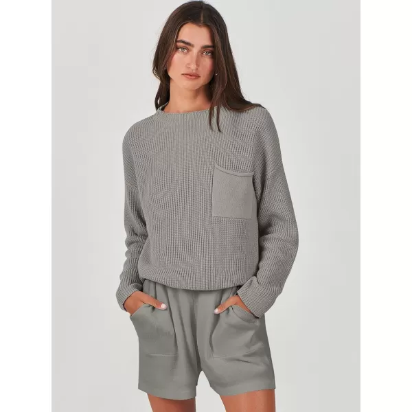 imageANRABESS Women Two Piece Outfits Sweater Sets Knit Pullover Long Sleeves Tops and Shorts Sweatsuit Lounge Set TracksuitLight Grey