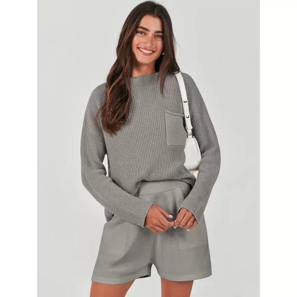 imageANRABESS Women Two Piece Outfits Sweater Sets Knit Pullover Long Sleeves Tops and Shorts Sweatsuit Lounge Set TracksuitLight Grey