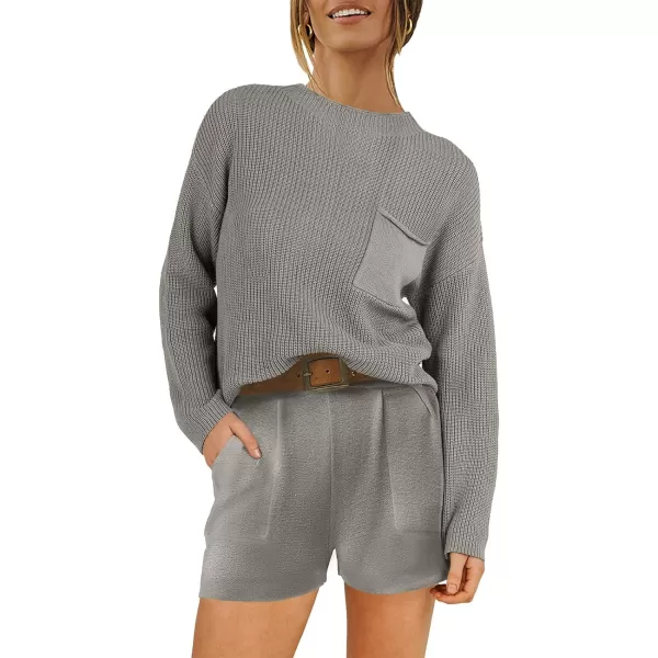 imageANRABESS Women Two Piece Outfits Sweater Sets Knit Pullover Long Sleeves Tops and Shorts Sweatsuit Lounge Set TracksuitLight Grey