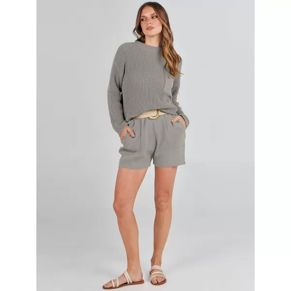 imageANRABESS Women Two Piece Outfits Sweater Sets Knit Pullover Long Sleeves Tops and Shorts Sweatsuit Lounge Set TracksuitLight Grey