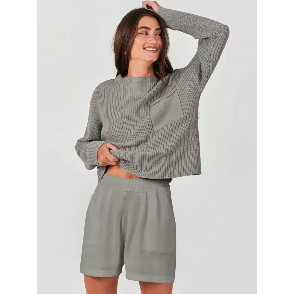 imageANRABESS Women Two Piece Outfits Sweater Sets Knit Pullover Long Sleeves Tops and Shorts Sweatsuit Lounge Set TracksuitLight Grey