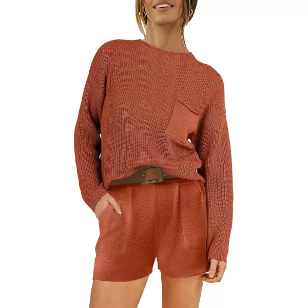 imageANRABESS Women Two Piece Outfits Sweater Sets Knit Pullover Long Sleeves Tops and Shorts Sweatsuit Lounge Set TracksuitRust