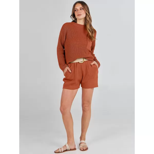 imageANRABESS Women Two Piece Outfits Sweater Sets Knit Pullover Long Sleeves Tops and Shorts Sweatsuit Lounge Set TracksuitRust