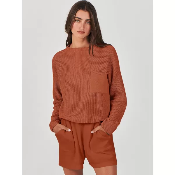imageANRABESS Women Two Piece Outfits Sweater Sets Knit Pullover Long Sleeves Tops and Shorts Sweatsuit Lounge Set TracksuitRust