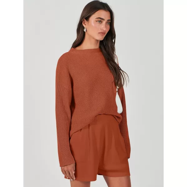 imageANRABESS Women Two Piece Outfits Sweater Sets Knit Pullover Long Sleeves Tops and Shorts Sweatsuit Lounge Set TracksuitRust